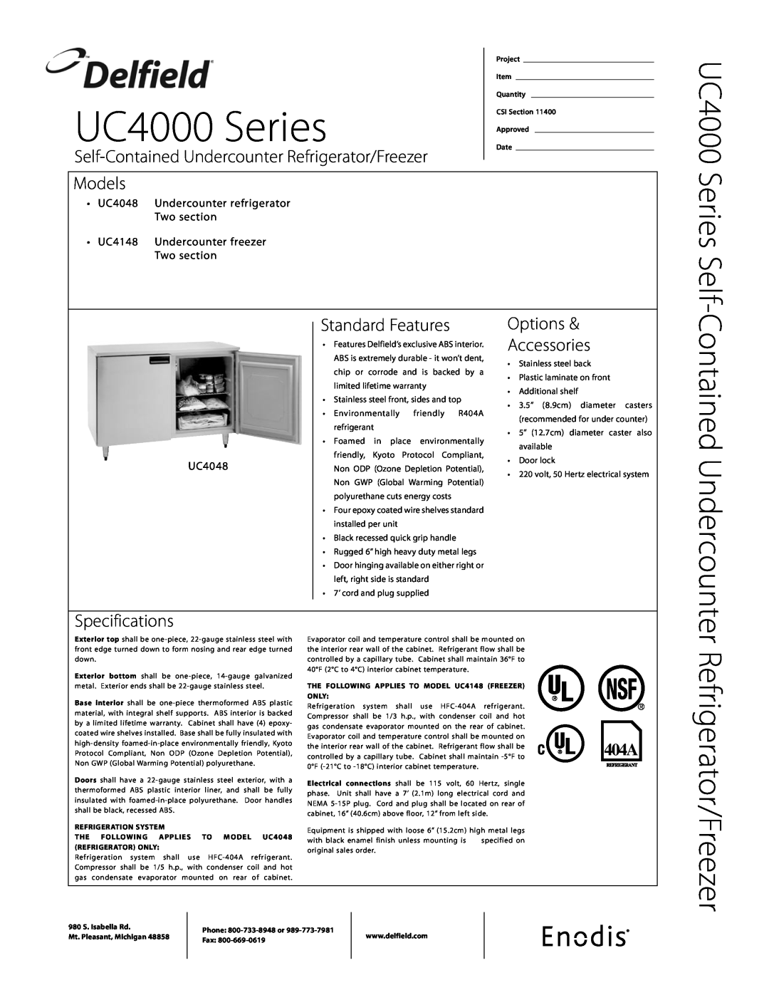 Delfield UC4048, UC4148 specifications Refrigerator/Freezer, UC4000 Series Self, Contained Undercounter, Models 