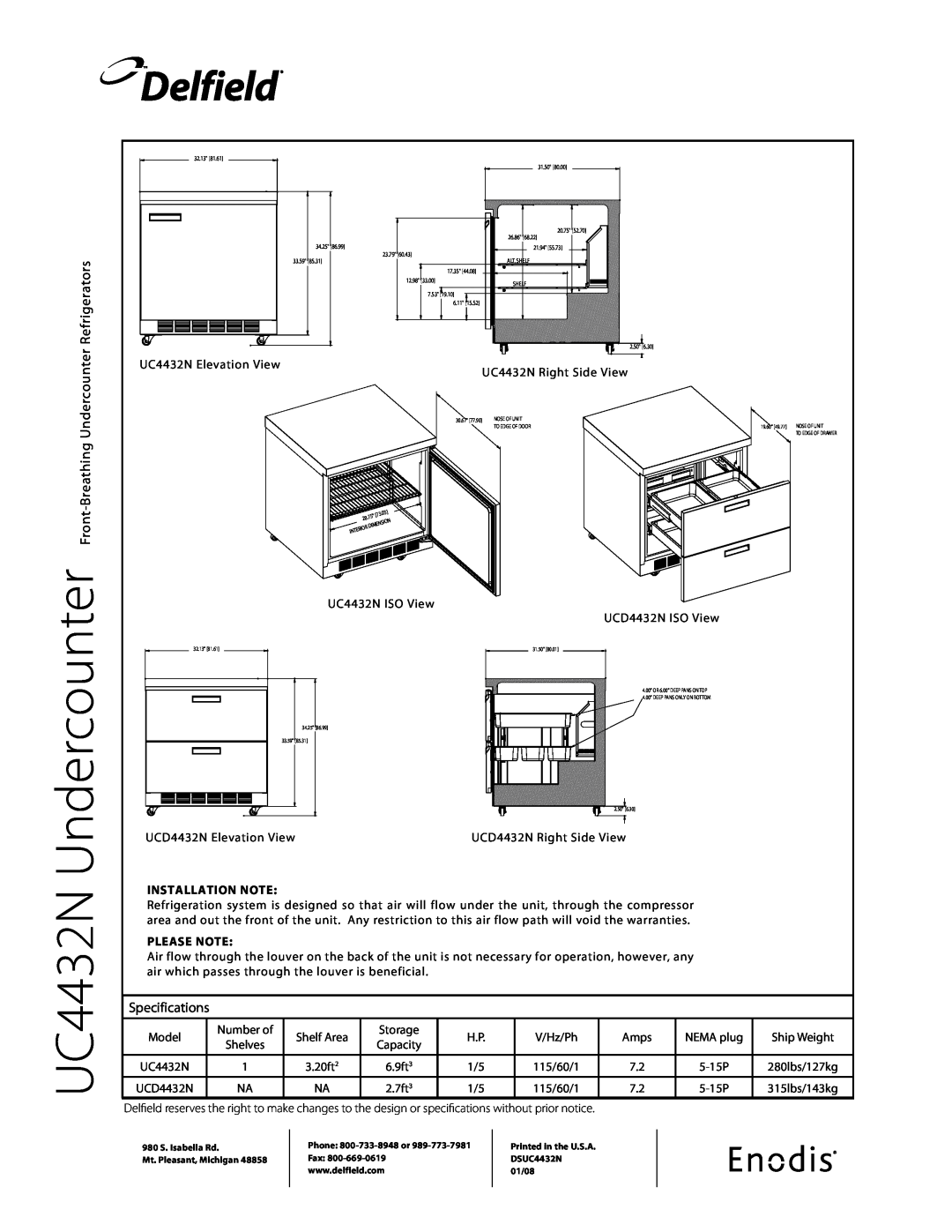Delfield UC4432N Front-Breathing Undercounter Refrigerators, Specifications, Delfield, Installation Note, Please Note 