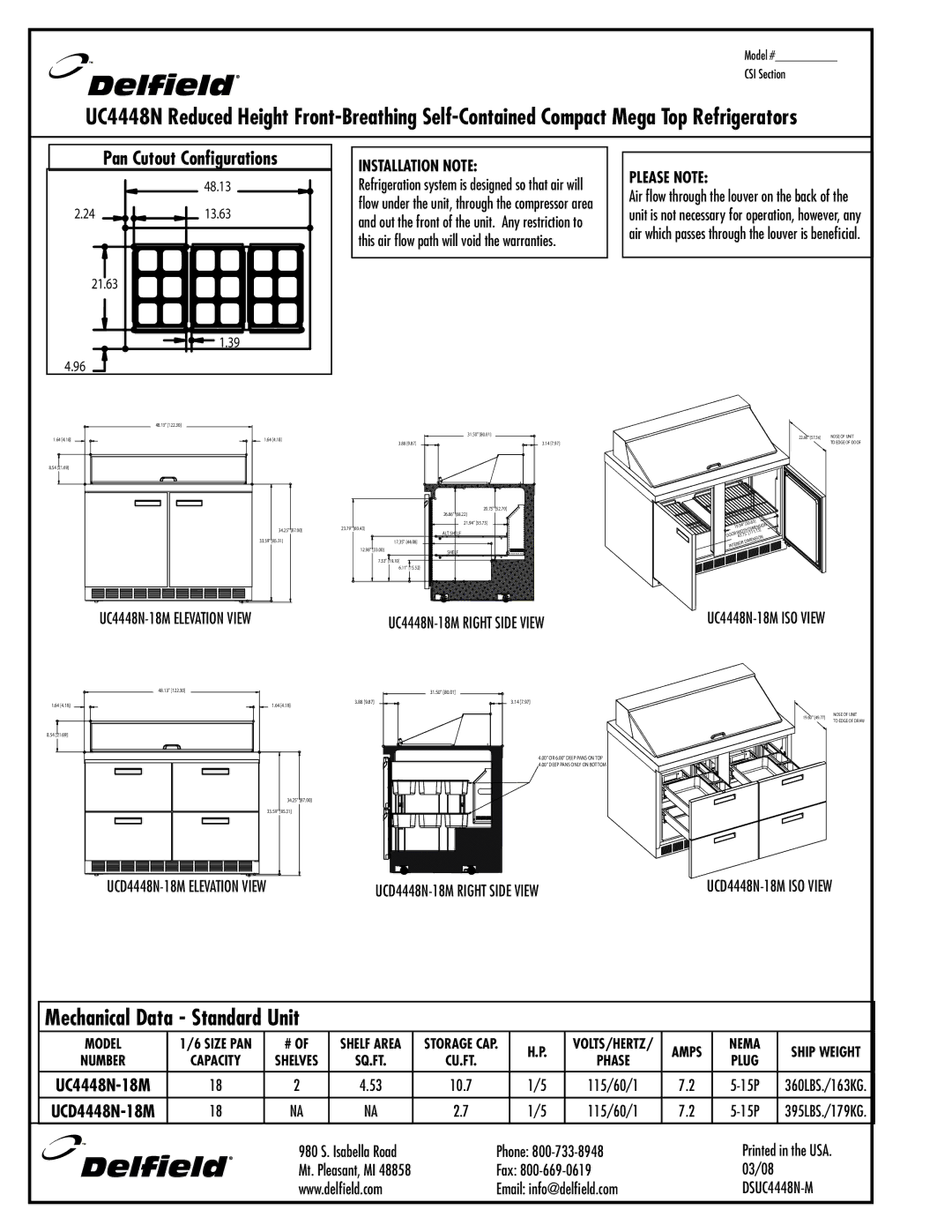 Delfield UC4448N-18M, UCD4448N-18M specifications Installation Note, Please Note 