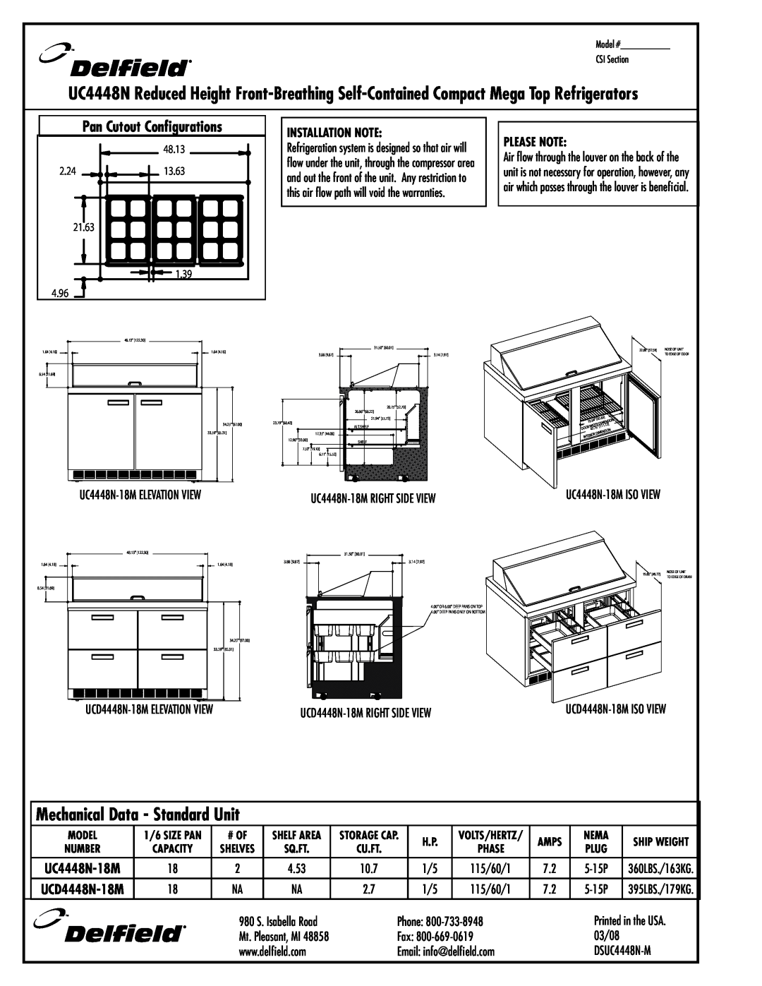 Delfield UC4448N-18M, UCD4448N-18M specifications Pan Cutout Configurations, Installation Note, Please Note, 10.7, 5-15P 