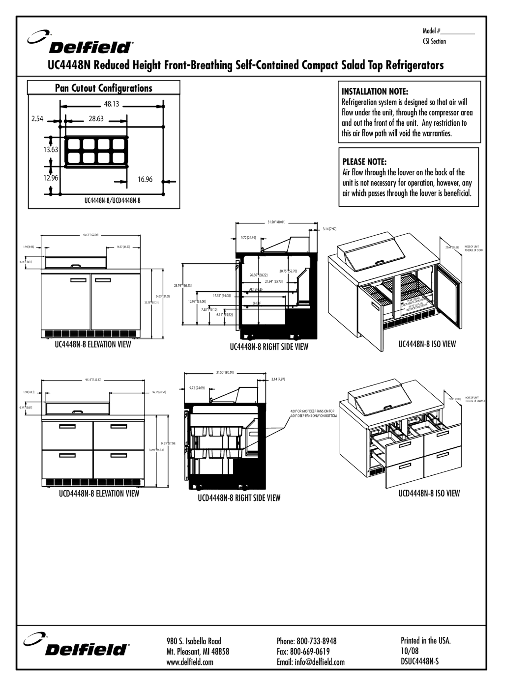 Delfield UC4448N-12 specifications Model # CSI Section, UC4448N-8/UCD4448N-8 