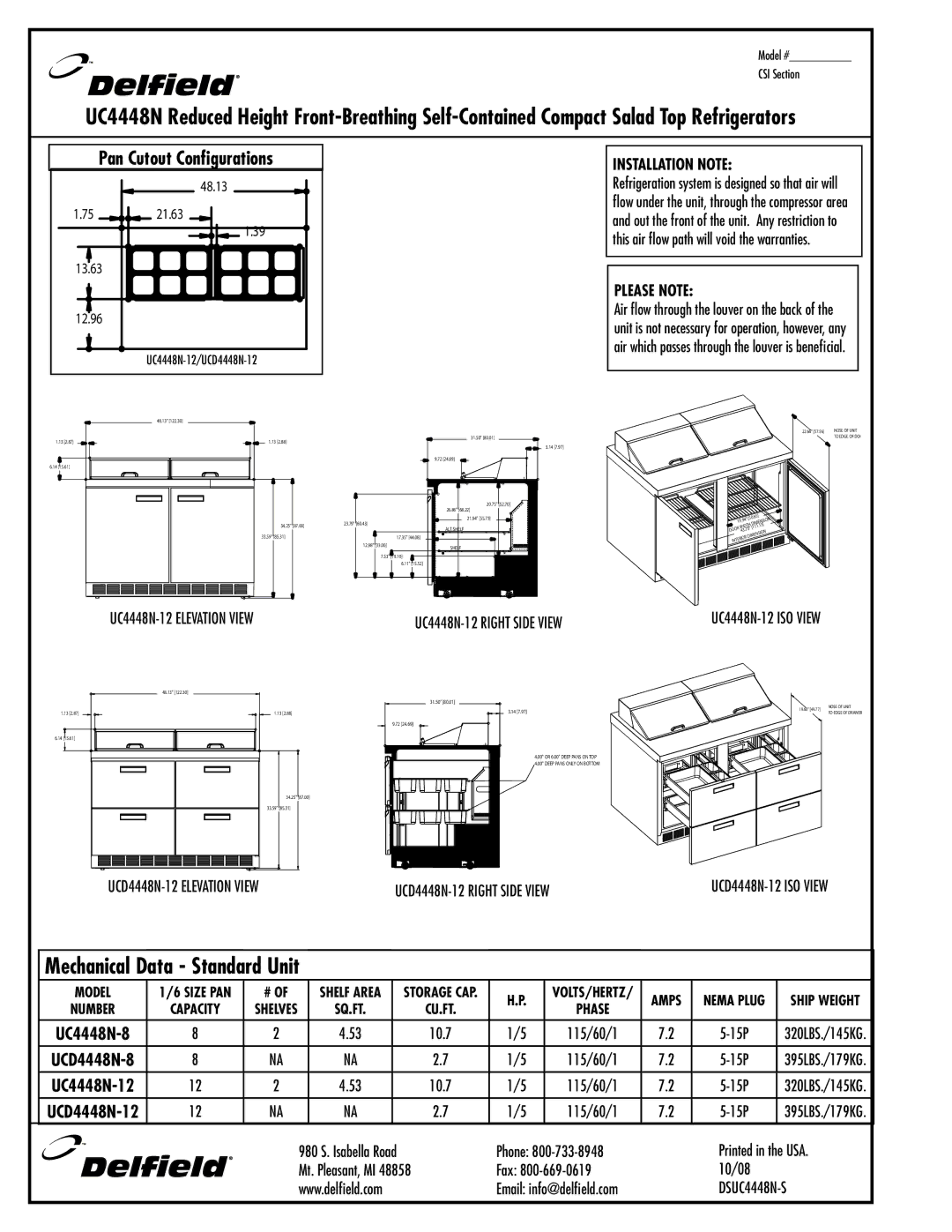 Delfield UC4448N-8 specifications UC4448N-12/UCD4448N-12, 115/60/1 