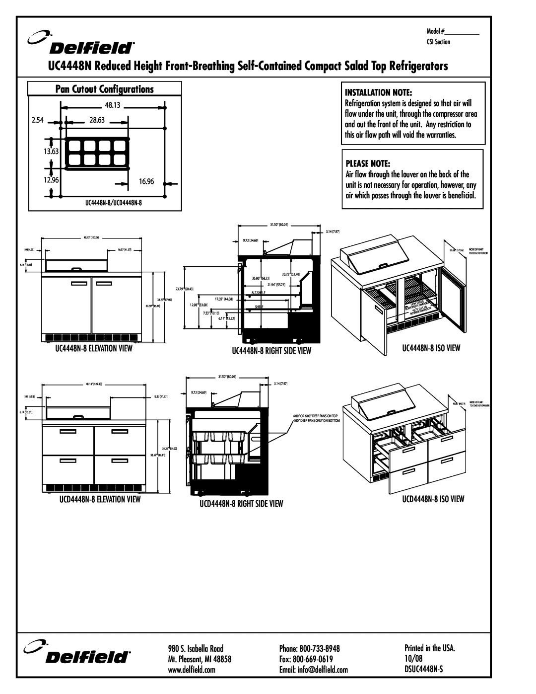 Delfield UC4448N-8, UC4448N-12 specifications Pan Cutout Configurations, Installation Note, Please Note 