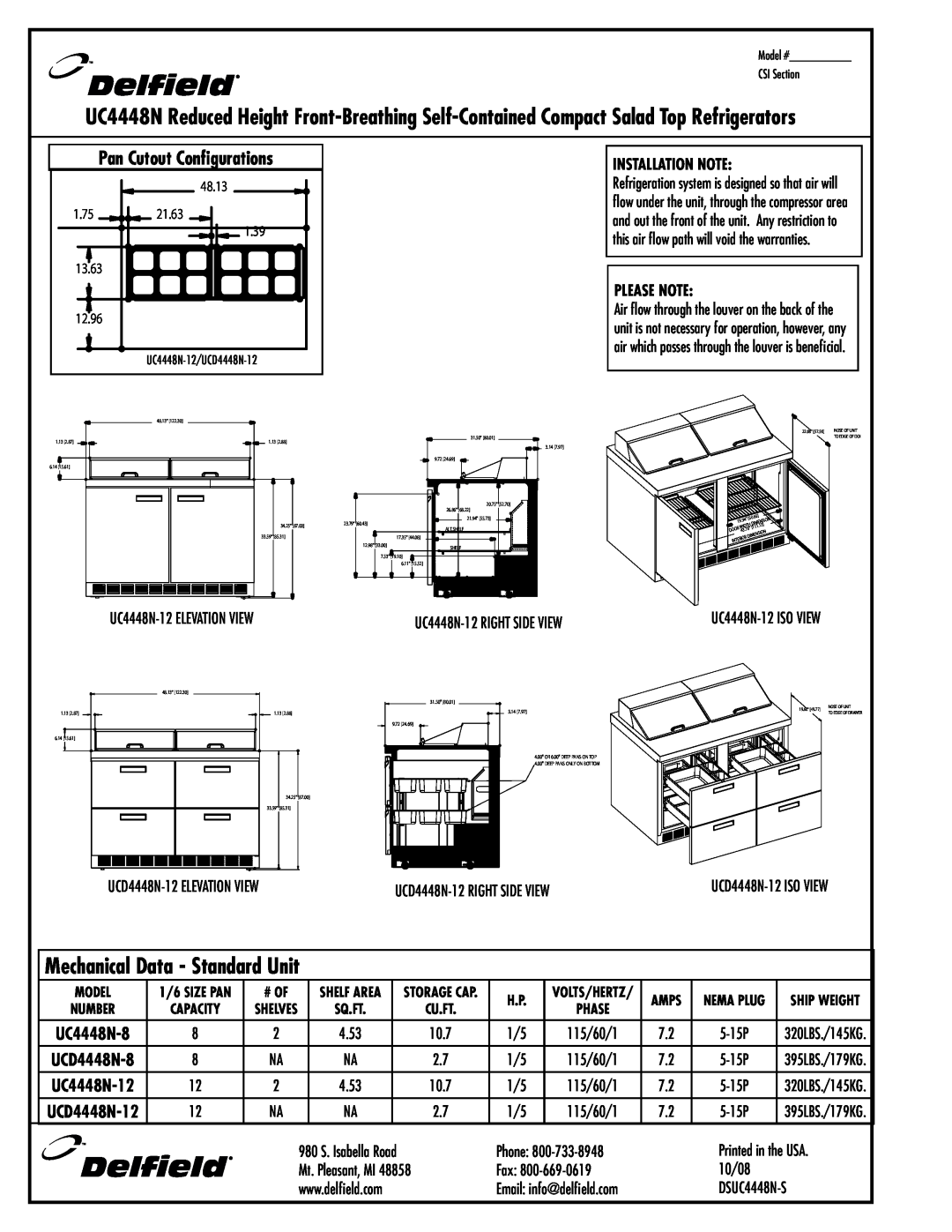 Delfield UC4448N-12, UC4448N-8 Mechanical Data - Standard Unit, Pan Cutout Configurations, Installation Note, Please Note 
