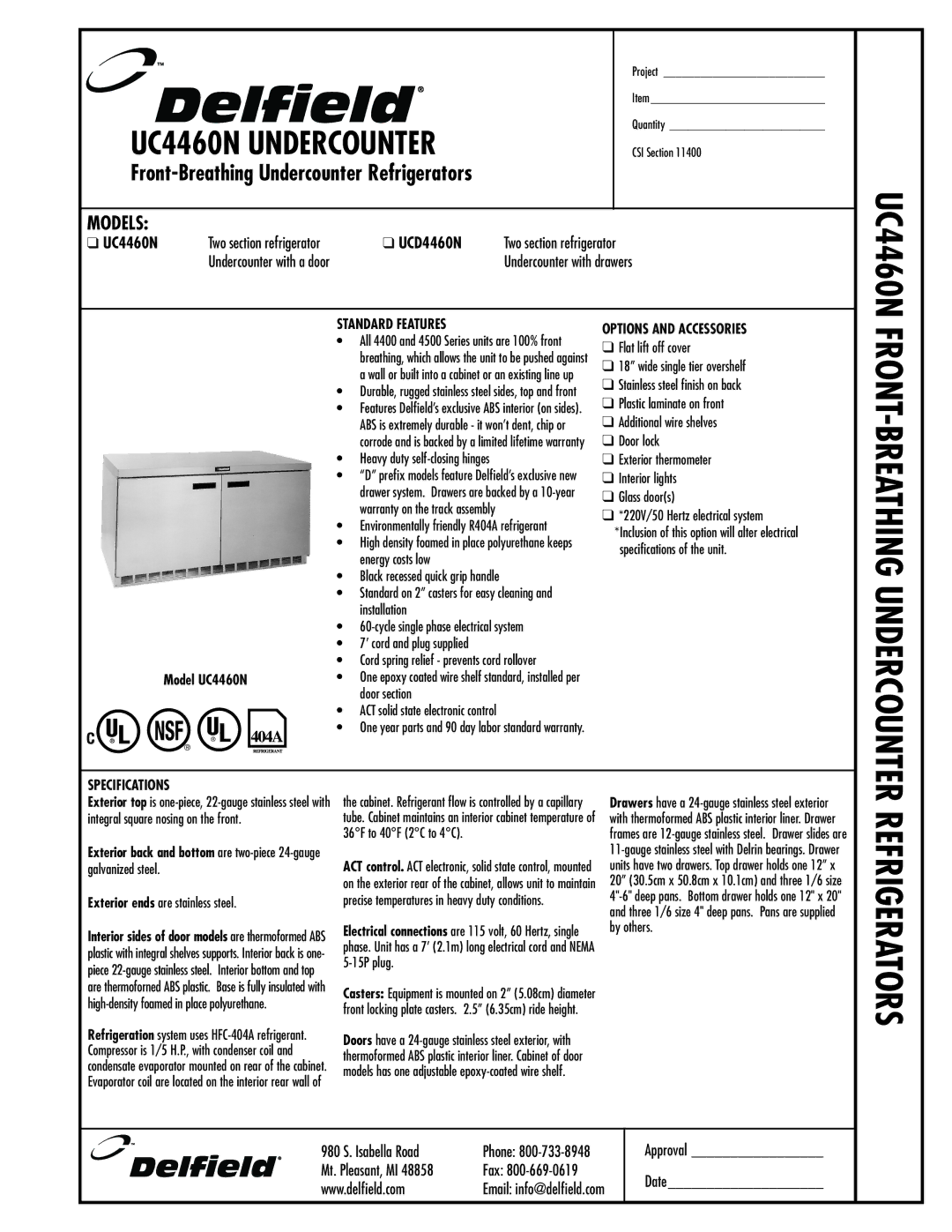 Delfield UCD4460N, UC4460N specifications Standard Features, Options and Accessories, Specifications 