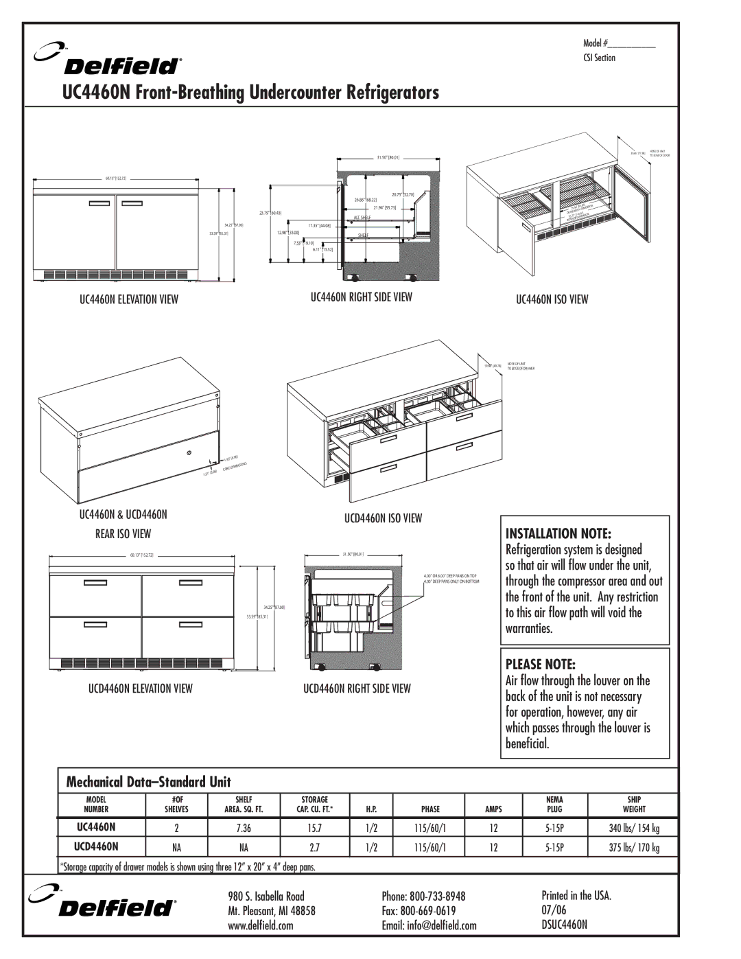 Delfield UC4460N Elevation View, UC4460N ISO View, Rear ISO View UCD4460N ISO View, UCD4460N Elevation View, DSUC4460N 