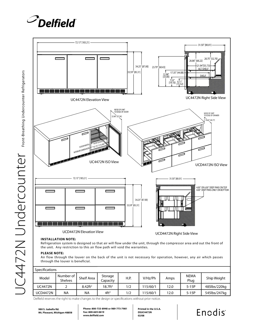 Delfield Refrigerators, UC4472N Elevation View, UC4472N ISO View, UC4472N Right Side View, UCD4472N ISO View, 4ft3 