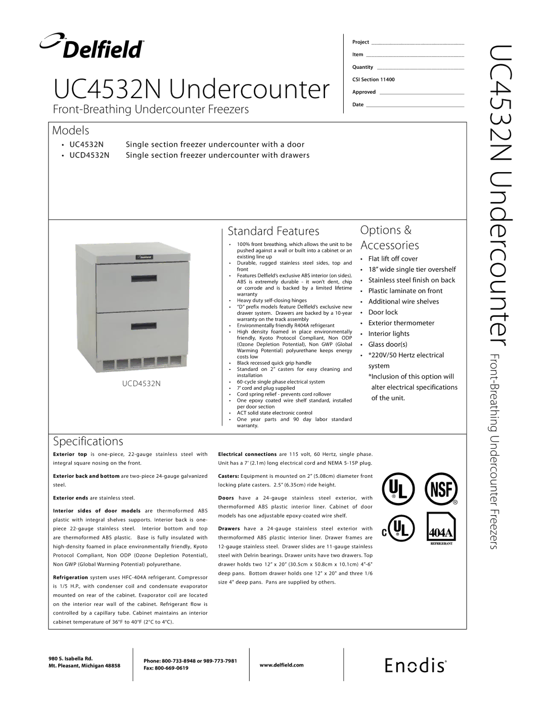 Delfield UC4532N specifications Standard Features, Options Accessories, Specifications, Undercounter Freezers, UCD4532N 