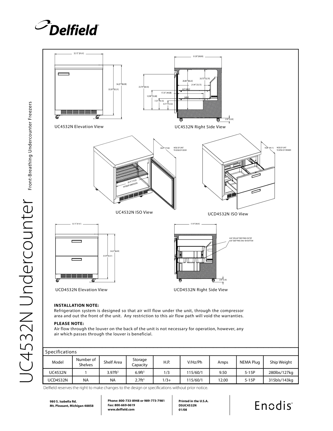 Delfield UC4532N specifications Front-Breathing Undercounter Freezers, Specifications, Installation Note, Please Note 