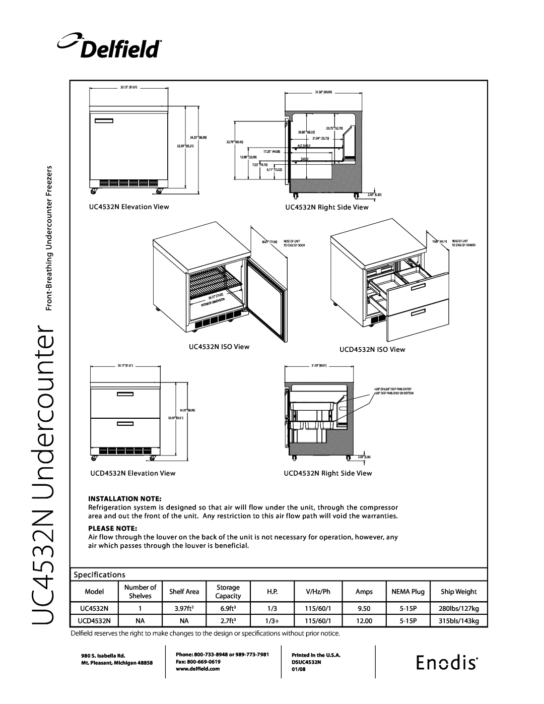 Delfield UC4532N Front-BreathingUndercounter Freezers, Specifications, Delfield, Installation Note, Please Note 