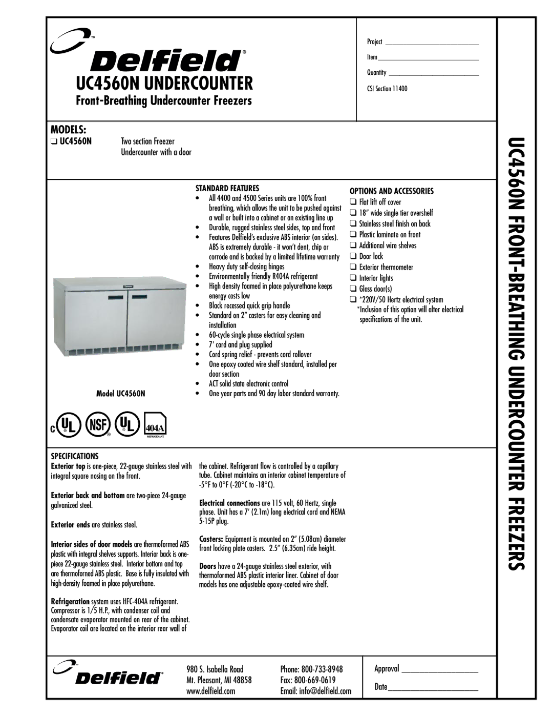 Delfield UC4560N specifications Standard Features, Options and Accessories, Specifications 