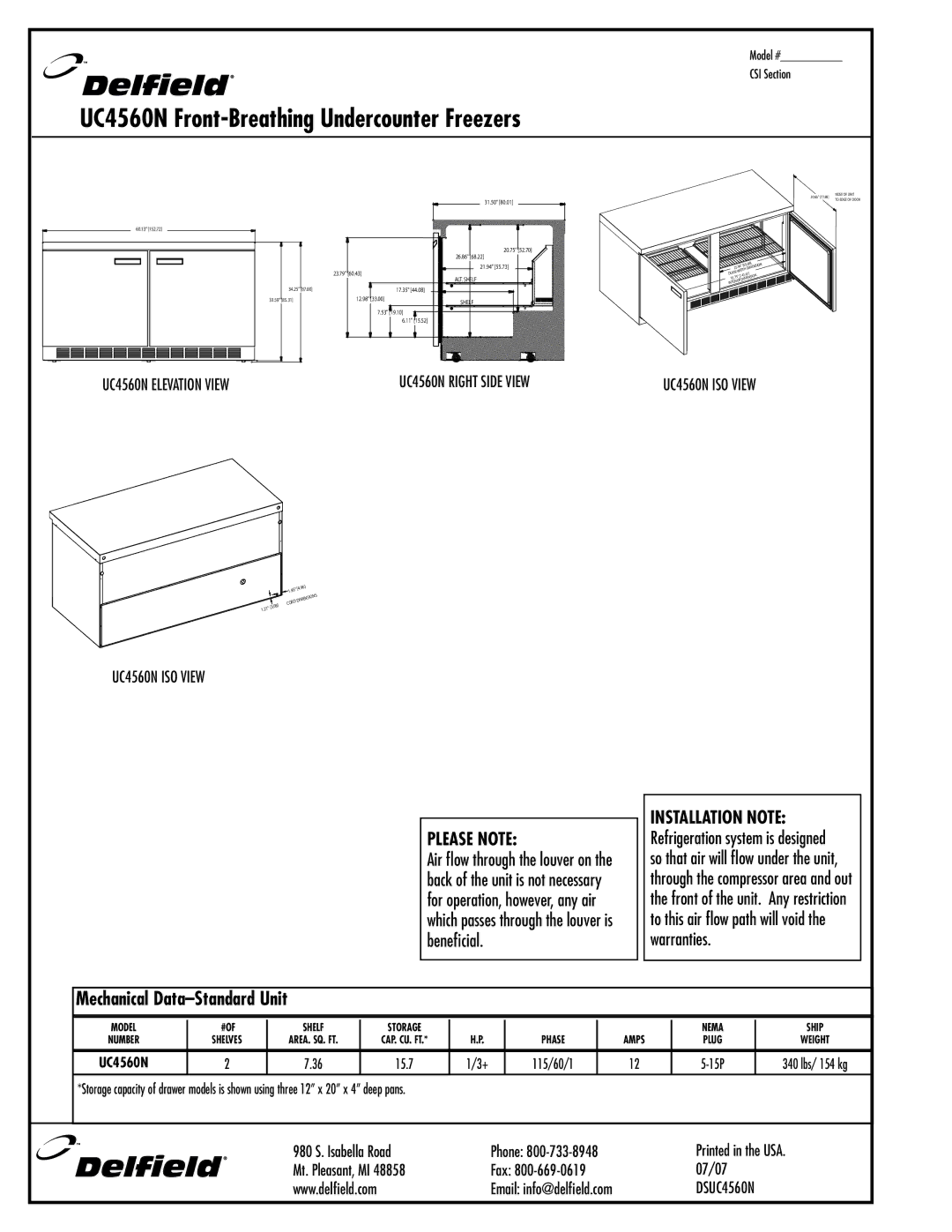 Delfield specifications UC4560N Front-Breathing Undercounter Freezers, Email info@delfield.com 