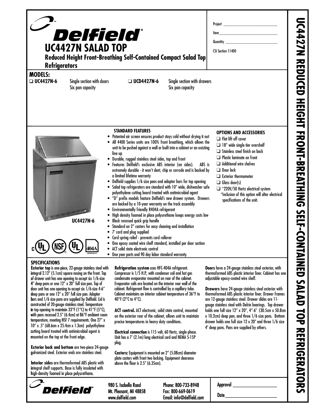 Delfield UC4427N-6 specifications Front-Breathing Self-Contained, Salad Top Refrigerators, Models, Reduced Height, Project 