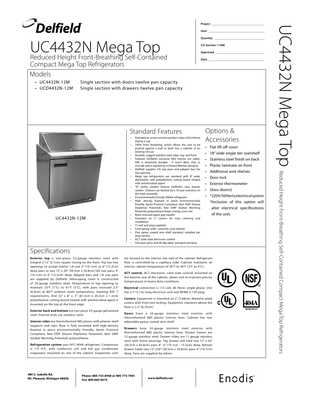 Delfield UC4432N-12M specifications Reduced Height Front-Breathing Self-Contained, Compact Mega Top Refrigerators Models 