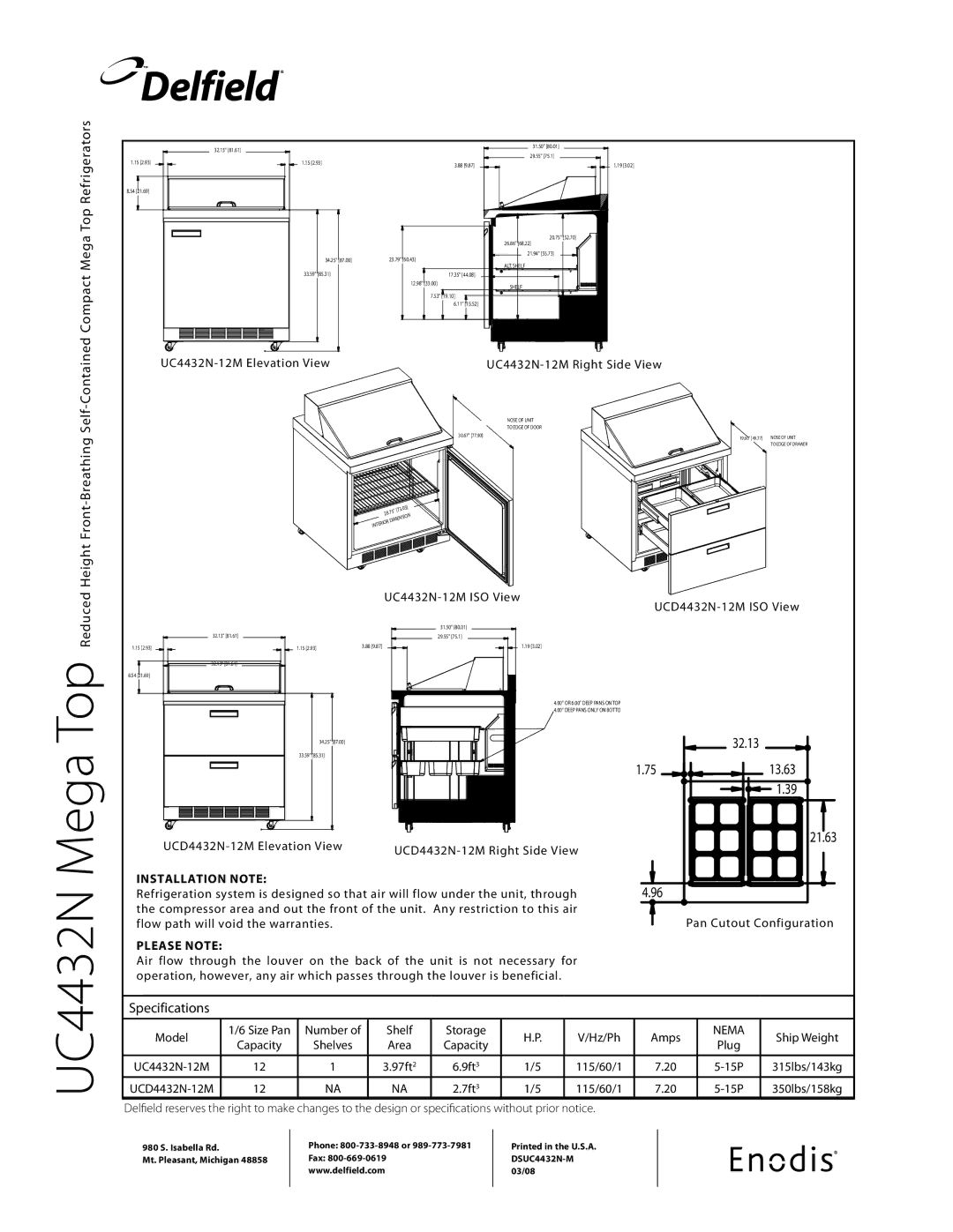 Delfield UCD4432N-12M, UC4432N-12M specifications Installation Note, Please Note 