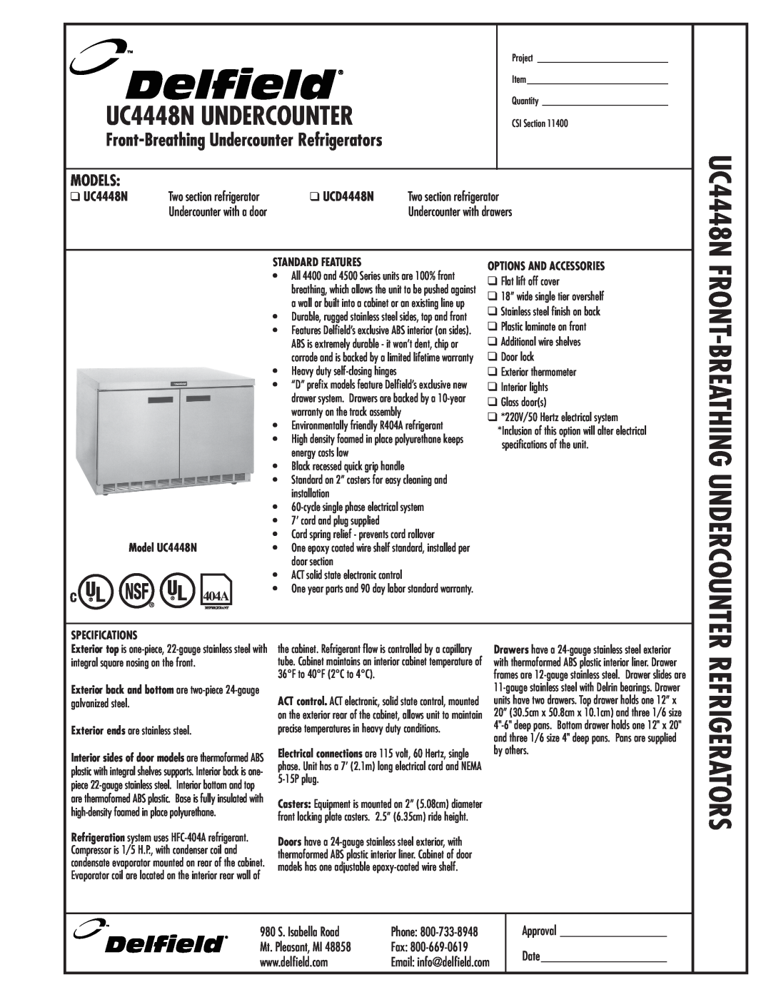 Delfield specifications Front-Breathing Undercounter, Models, Refrigerators, UC4448N UNDERCOUNTER, UCD4448N 