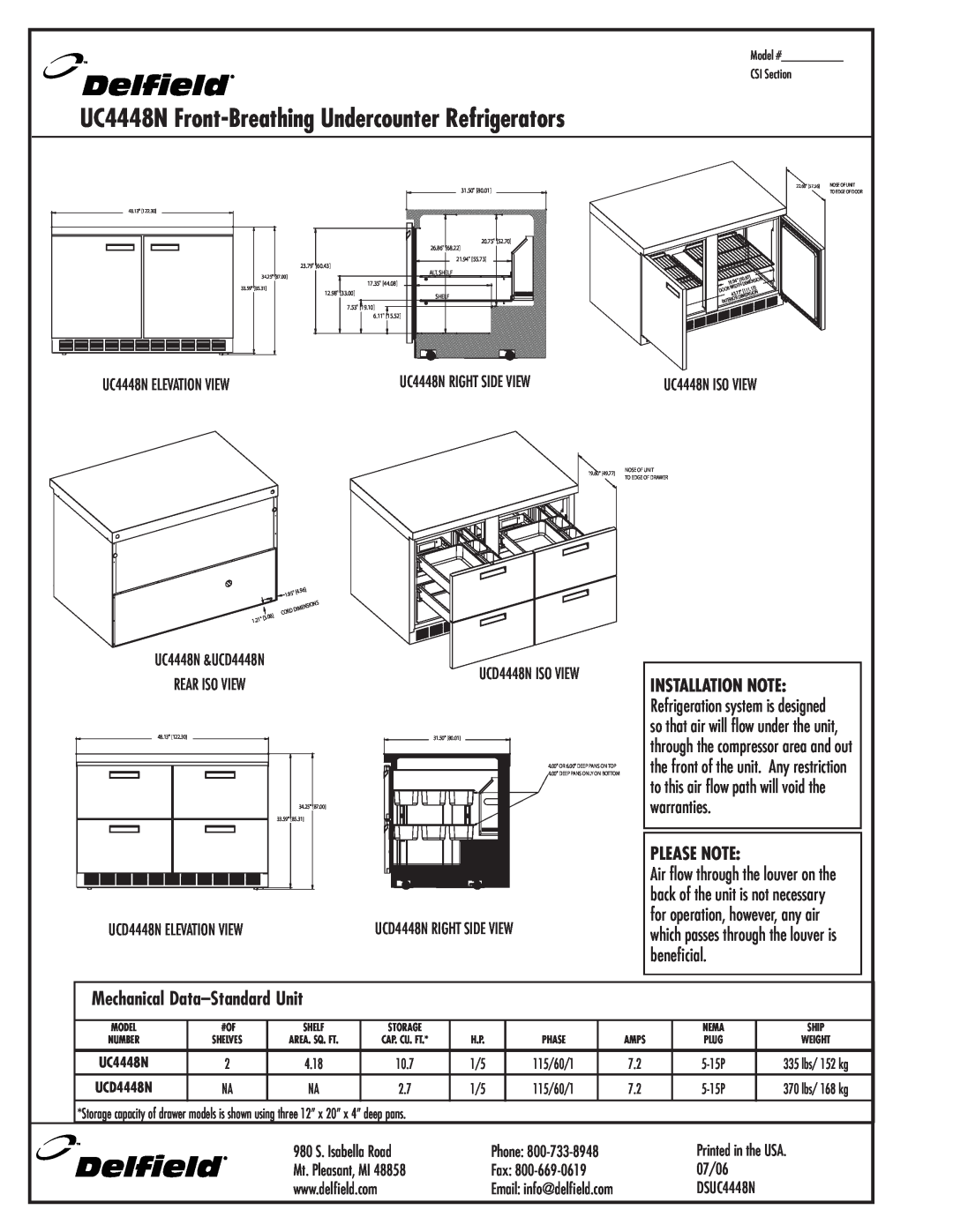 Delfield UCD4448N UC4448N Front-Breathing Undercounter Refrigerators, Mechanical Data-Standard Unit, Please Note 