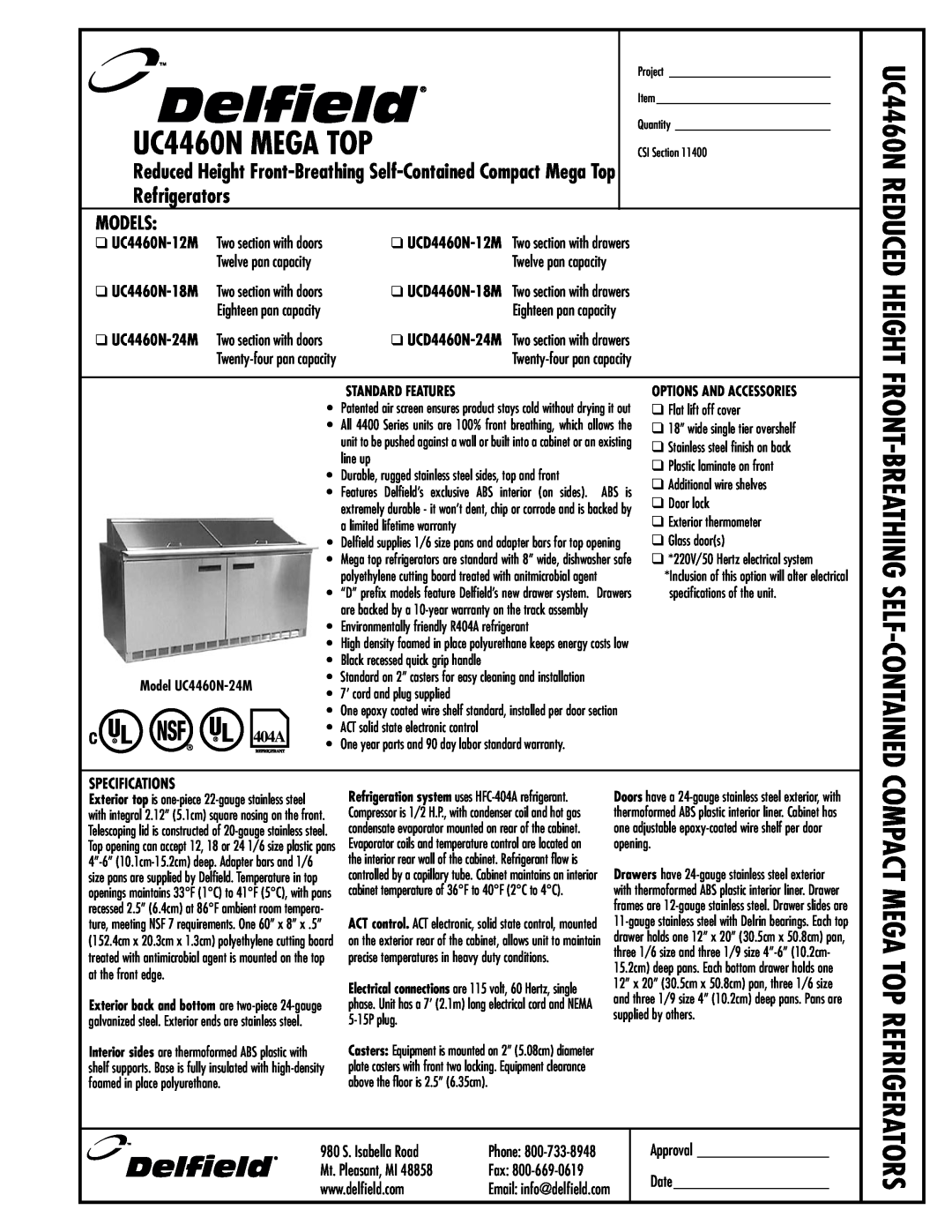 Delfield UC4460N-18M specifications Front-Breathing Self-Contained, Models, Compact Mega Top Refrigerators, Specifications 