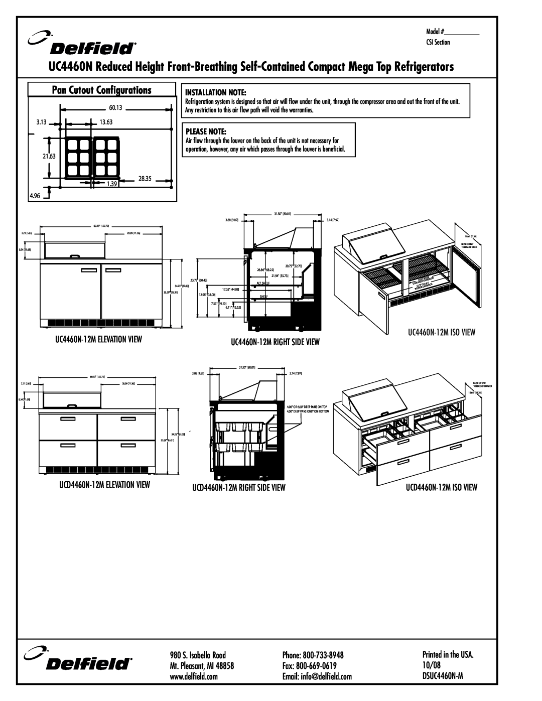 Delfield UCD4460N-24M Pan Cutout Configurations, UCD4460N-12M ELEVATION VIEW, Model # CSI Section,     