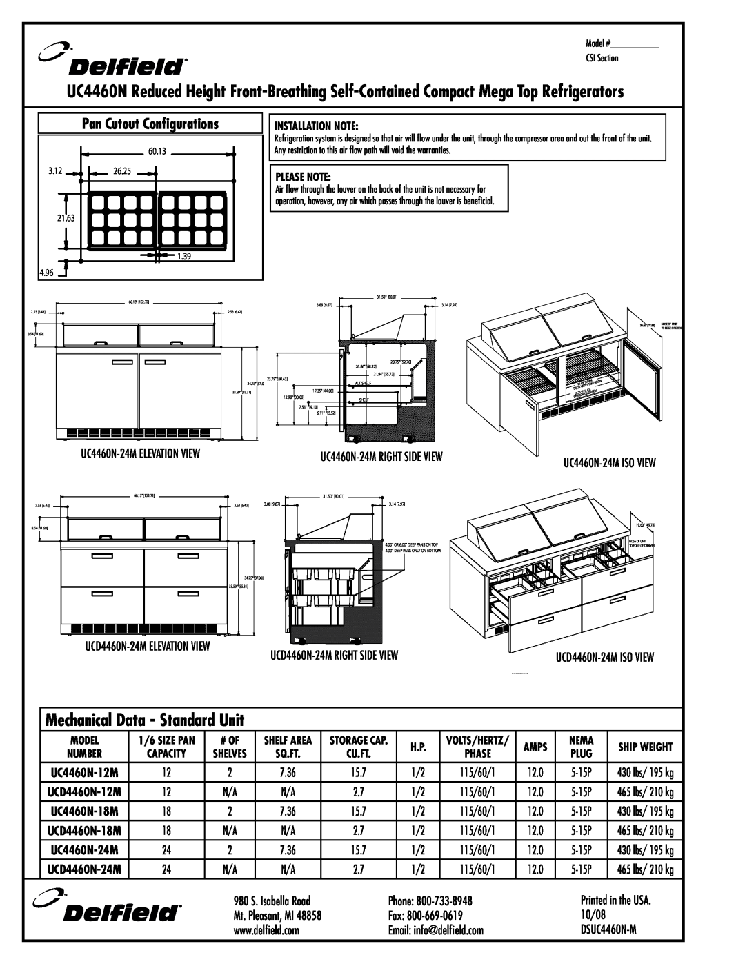 Delfield UCD4460N-18M Mechanical Data - Standard Unit, Pan Cutout Configurations, UC4460N-12M, UCD4460N-12M, UC4460N-18M 