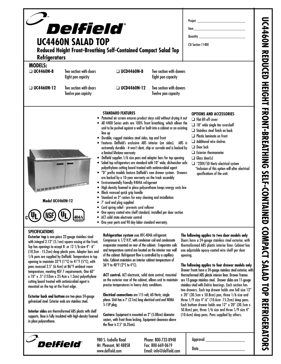 Delfield UCD4460N-12, UCD4460N-8, UC4460N-12, UC4460N-8 manual UC4460N Salad TOP, Specifications 