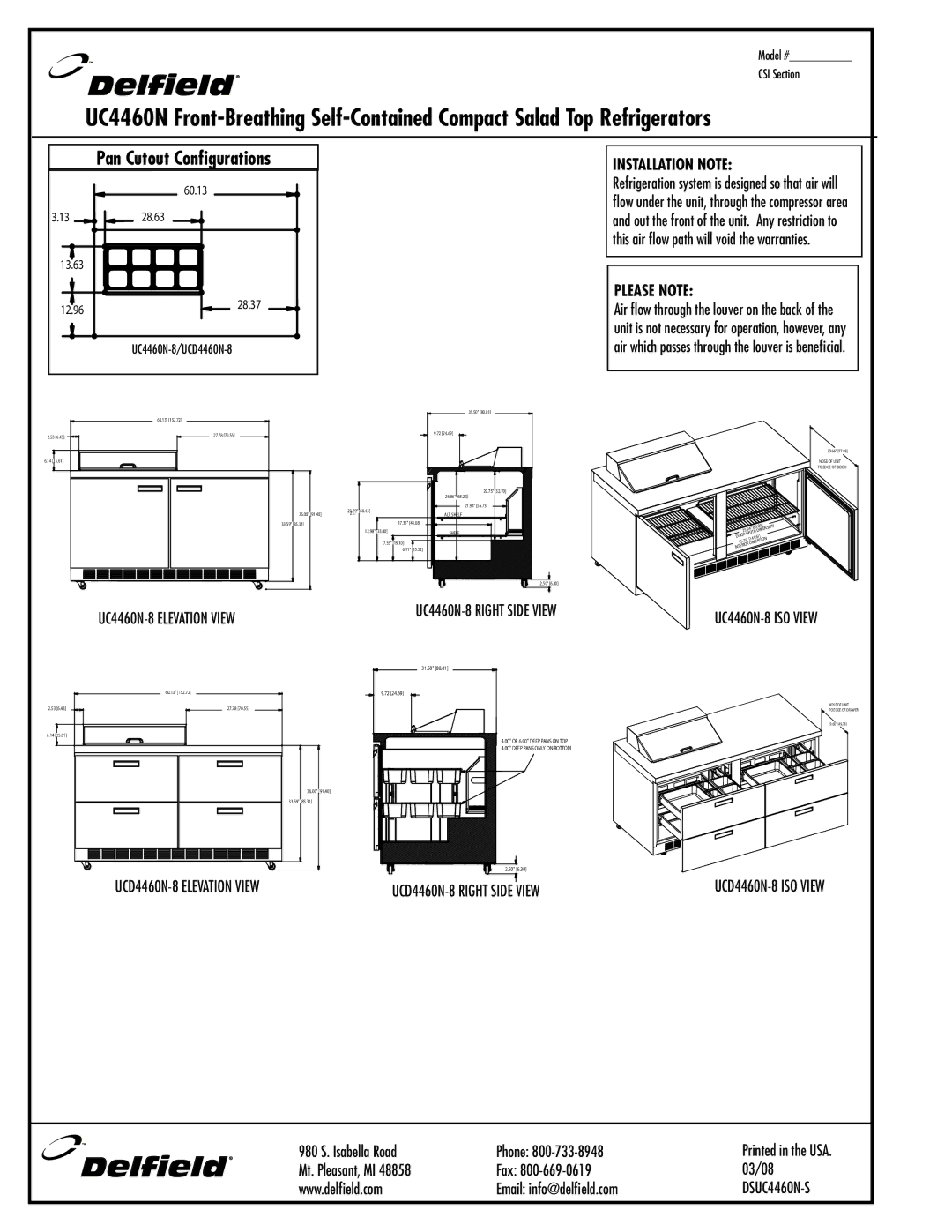 Delfield UC4460N-12, UCD4460N-8, UCD4460N-12 UC4460N-8 Elevation View, Installation Note, Please Note, UC4460N-8 ISO View 