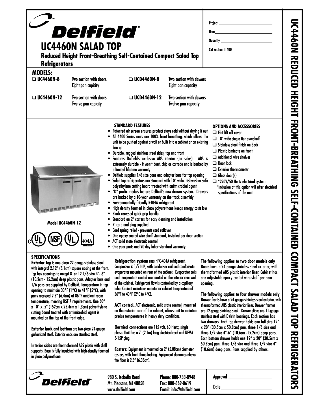 Delfield UCD4460N-12 manual Models, Reduced Height, Compact Salad Top Refrigerators,  UC4460N-8,  UCD4460N-8, Phone 