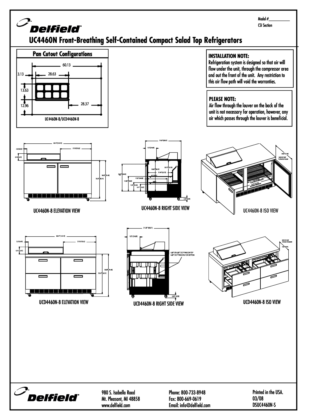 Delfield UC4460N-12 Pan Cutout Configurations, UC4460N-8 ELEVATION VIEW, Installation Note, Please Note, 03/08, Phone 
