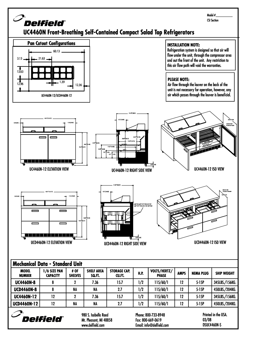 Delfield UC4460N-8, UCD4460N-8 Pan Cutout Configurations, Mechanical Data - Standard Unit, Installation Note, Please Note 