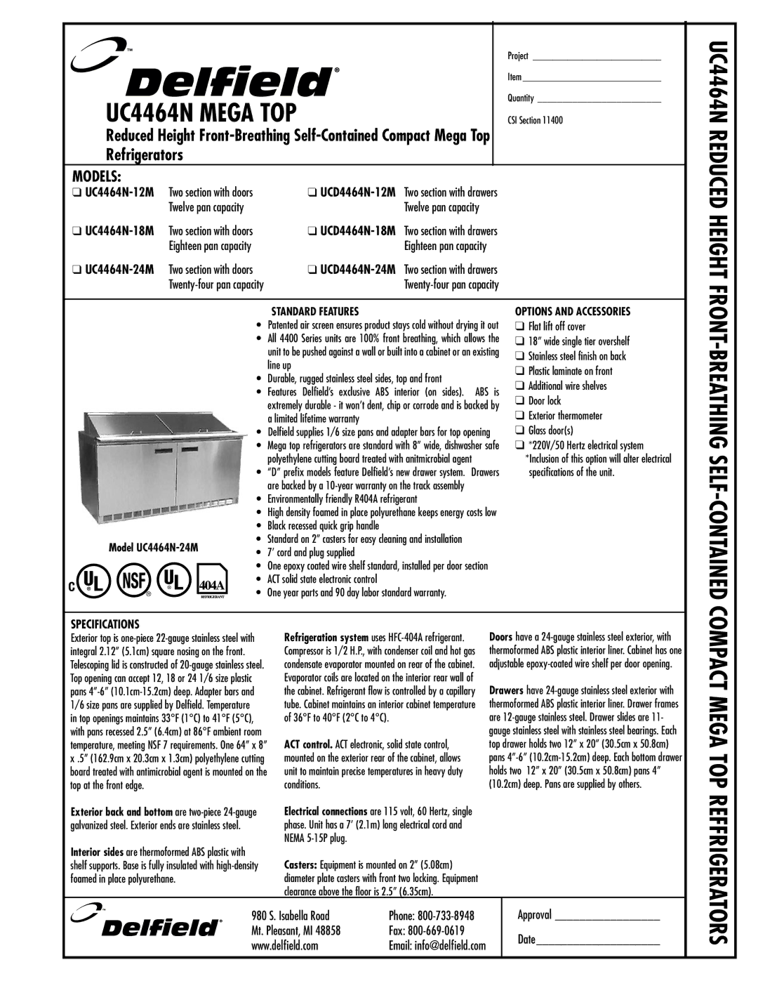 Delfield UC4464N-12M, UCD4464N-12M, UCD4464N-24M, UC4464N-24M specifications Standard Features, Options and Accessories 