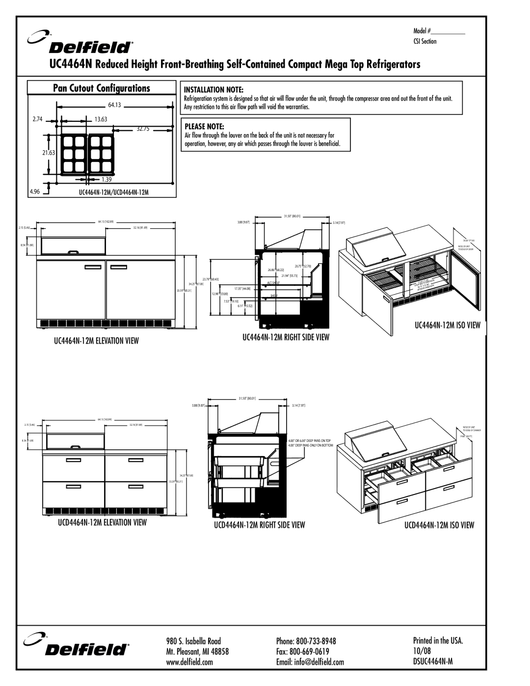 Delfield UCD4464N-24M, UC4464N-24M UC4464N-12M Elevation View, UCD4464N-12M Elevation View, UCD4464N-12M ISO View 