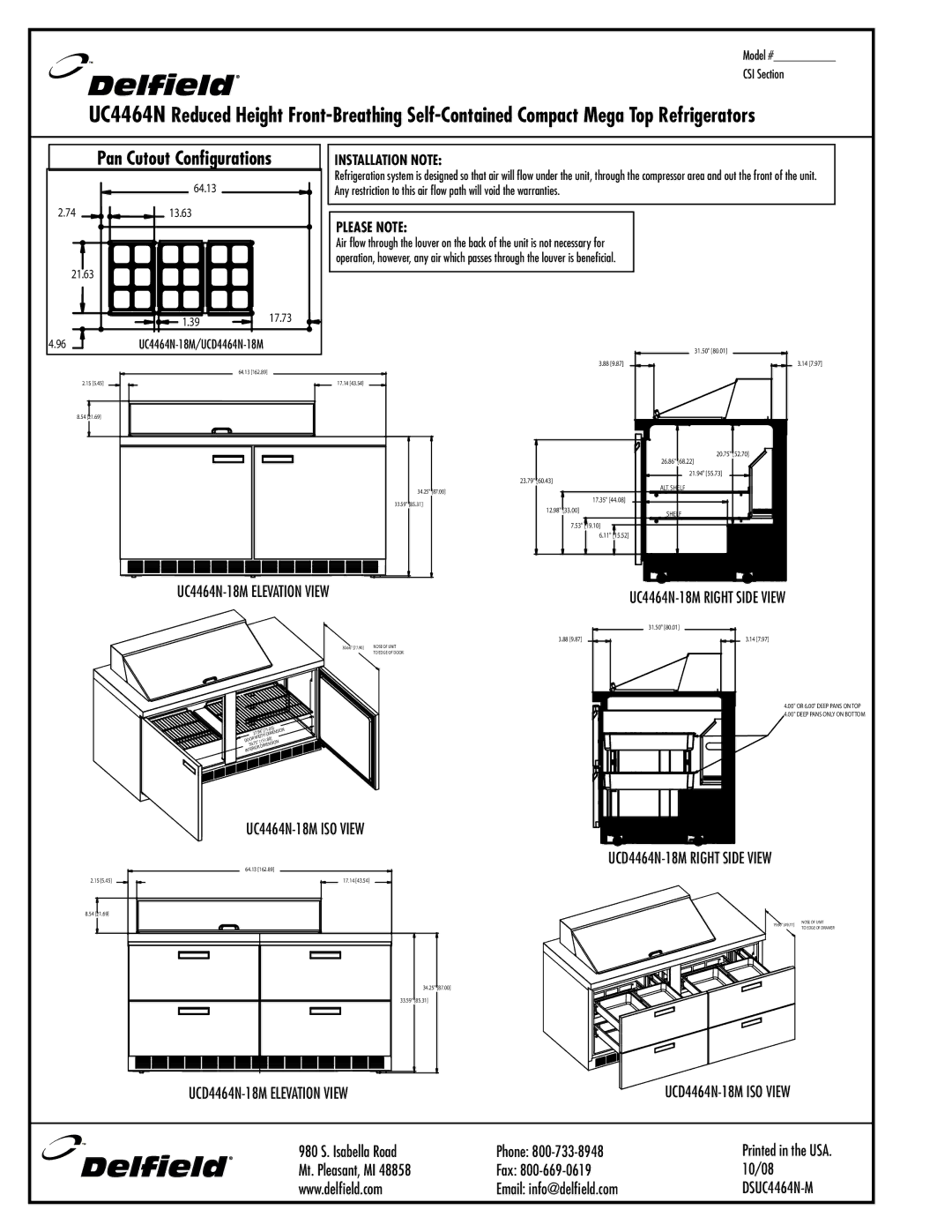 Delfield UC4464N-24M, UCD4464N-12M UC4464N-18M Elevation View, UC4464N-18M Right Side View, UCD4464N-18M Right Side View 