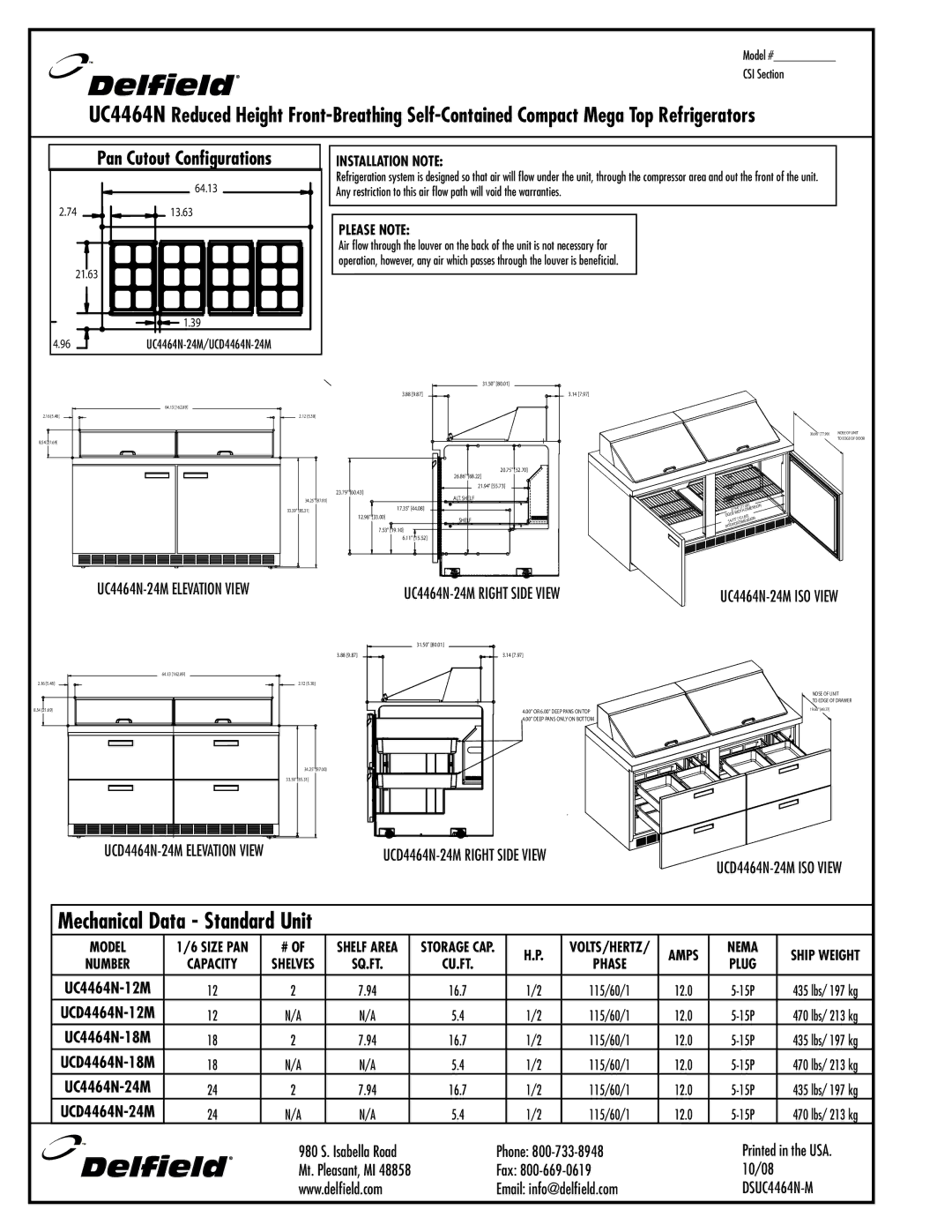 Delfield UC4464N-18M, UCD4464N-12M UC4464N-24M ISO View, UCD4464N-24M Elevation View, UCD4464N-24M Right Side View 