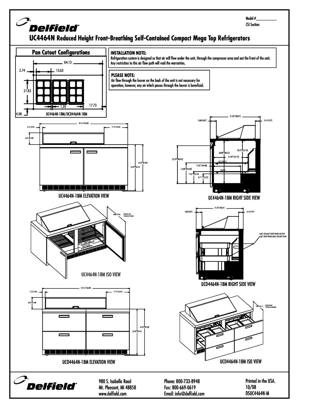 Delfield UC4464N-24M, UCD4464N-12M Pan Cutout Configurations, Installation Note, Please Note, 19.60, To Edge Of Drawer 