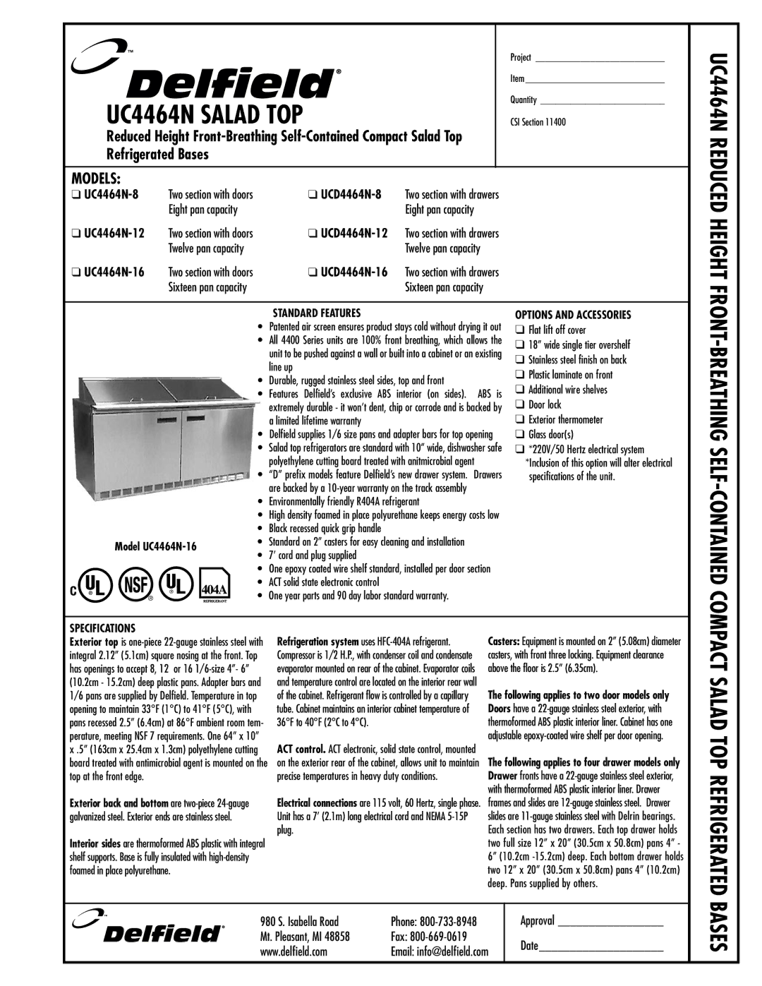 Delfield UCD4464N-12, UCD4464N-16 specifications Standard Features, Options and Accessories, Specifications 