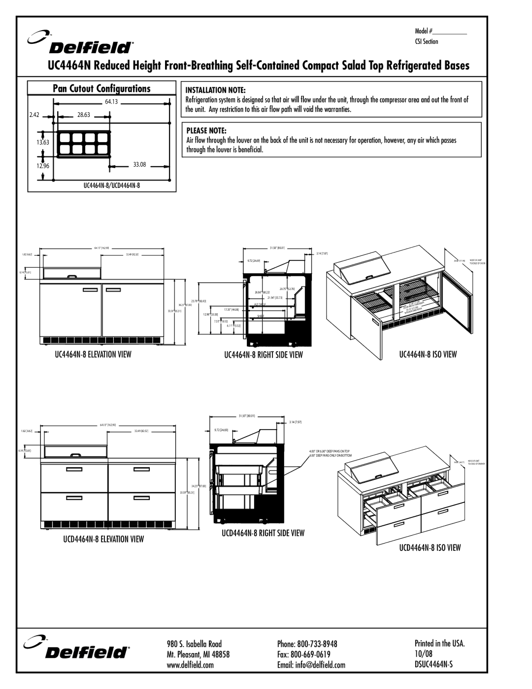 Delfield UCD4464N-16 UC4464N-8 Elevation View, UCD4464N-8 Elevation View, UCD4464N-8 ISO View, Installation Note 