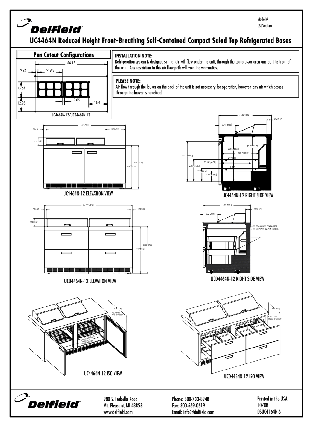 Delfield UCD4464N-16 specifications UC4464N-12 Right Side View, UCD4464N-12 Elevation View, UCD4464N-12 Right Side View 
