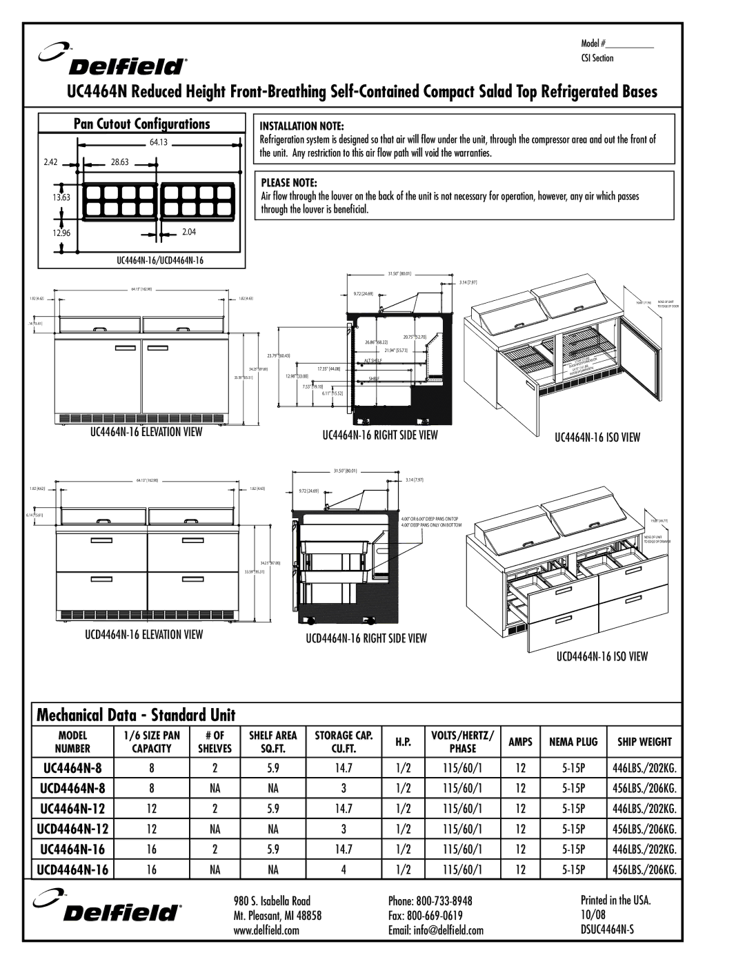 Delfield UCD4464N-16, UCD4464N-12 specifications UC4464N-16 Elevation View, UC4464N-16 ISO View 