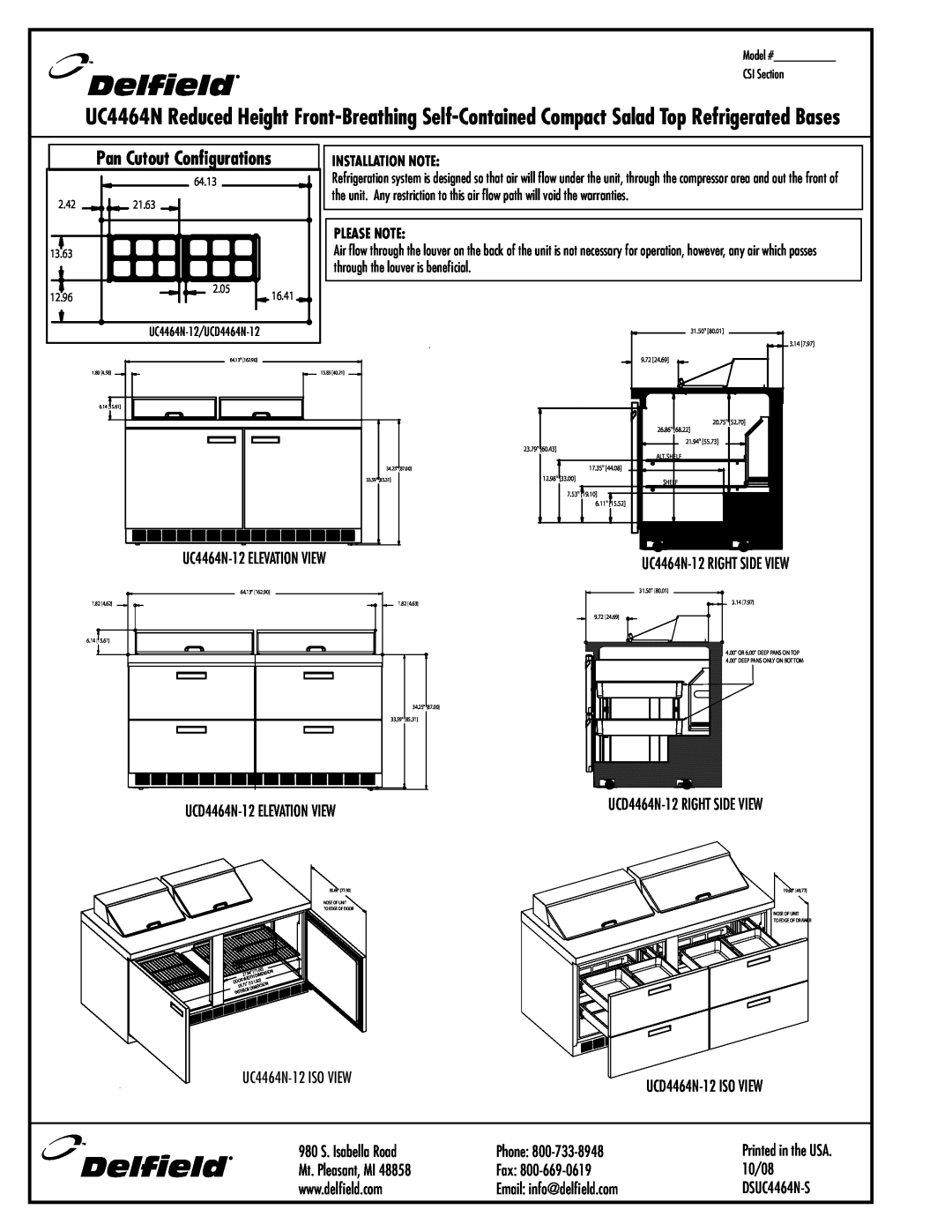 Delfield UCD4464N-12, UCD4464N-16 specifications Pan Cutout Configurations, UC4464N-12 ELEVATION VIEW 