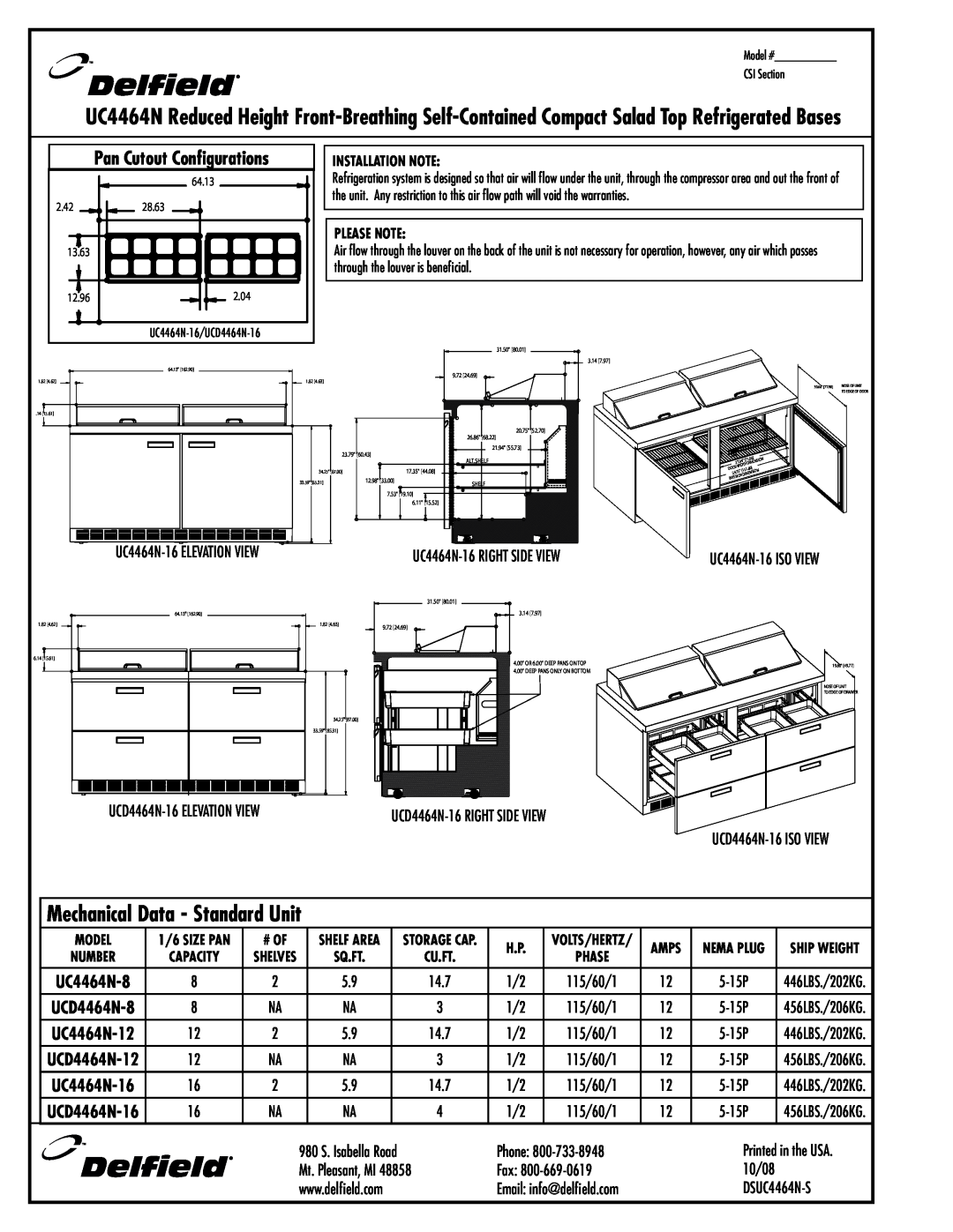 Delfield UCD4464N-16, UCD4464N-12 specifications Mechanical Data - Standard Unit, Pan Cutout Configurations, cu.ft 