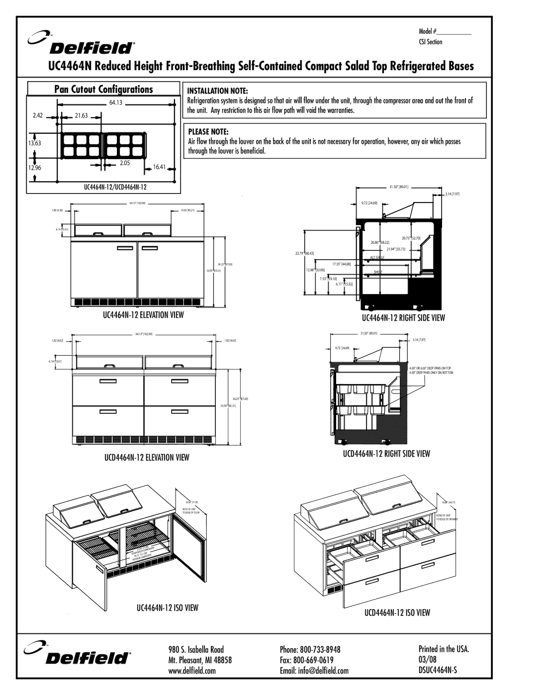 Delfield UCD4464N-8, UC4464N-16 UC4464N-12 Right Side View, UCD4464N-12 Elevation View, UCD4464N-12 Right Side View 