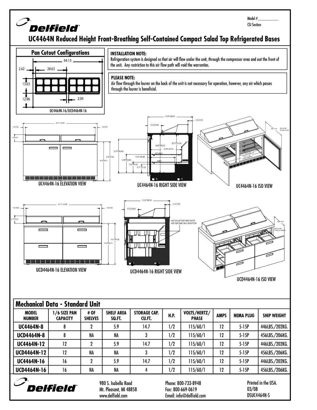Delfield UCD4464N-8 UC4464N-16 Elevation View, UC4464N-16 ISO View, UCD4464N-16 Elevation View UCD4464N-16 Right Side View 