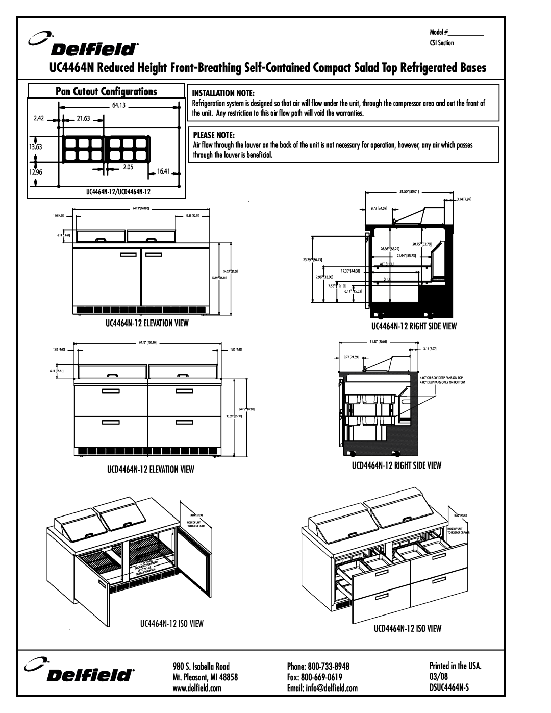 Delfield UCD4464N-8, UC4464N-16, UC4464N-8 specifications Pan Cutout Configurations, UC4464N-12 ELEVATION VIEW 