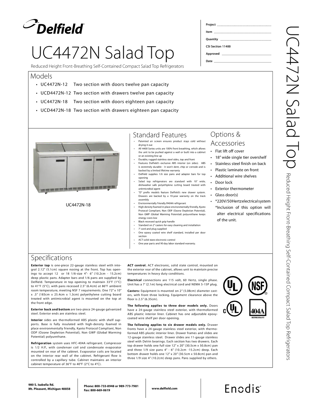 Delfield UCD4472N-12, UCD4472N-18, UC4472N-12 specifications UC4472N Salad Top, UC4472N-18 