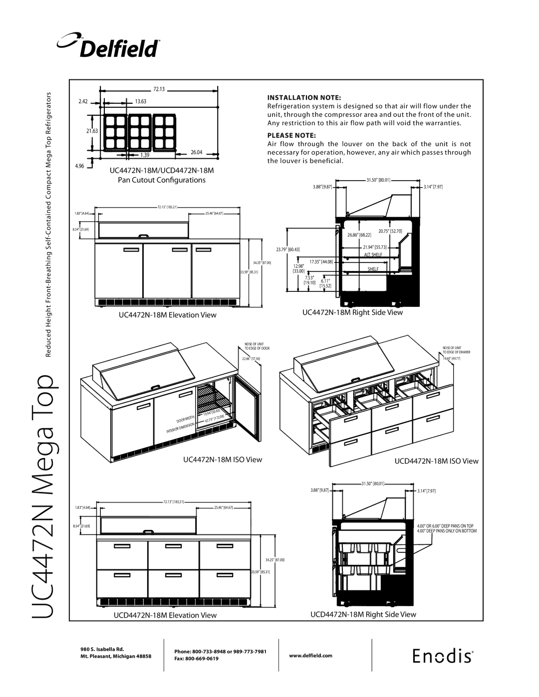 Delfield UCD4472N-M UC4472N-18M/UCD4472N-18M Pan Cutout Configurations, UC4472N-18M ISO View, UCD4472N-18M Elevation View 