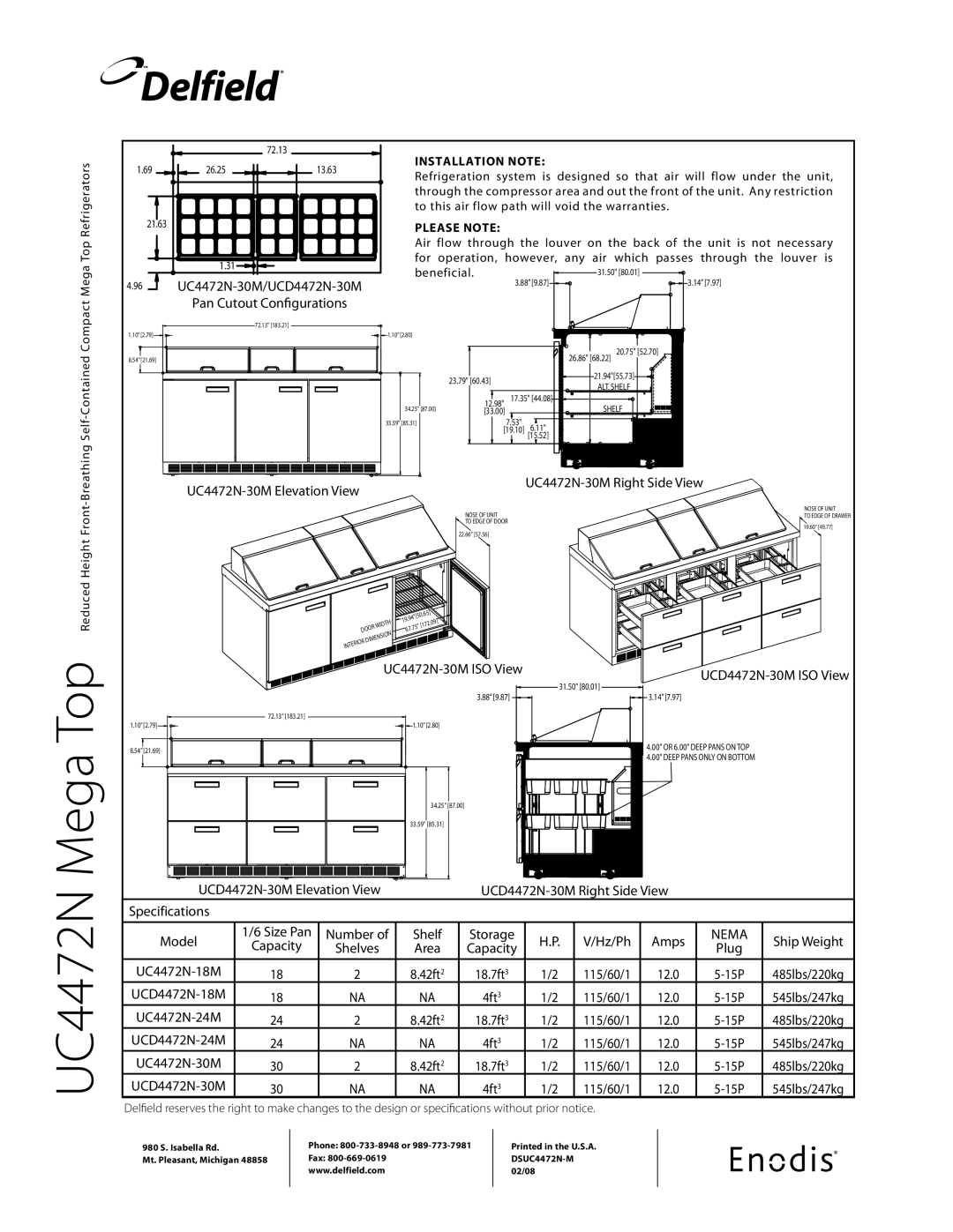 Delfield UCD4472N-M, UC4472N-M UCD4472N-30M Right Side View Specifications Model, Hz/Ph, Ship Weight, 115/60/1 