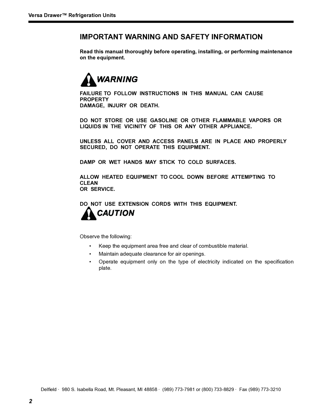 Delfield operation manual Important Warning and Safety Information, Versa Drawer Refrigeration Units 