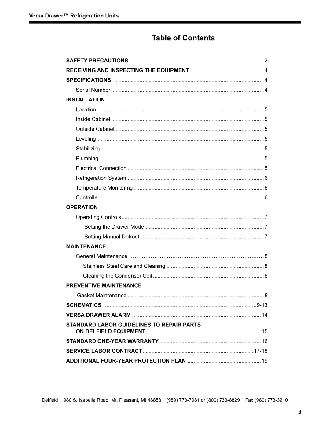 Delfield Versa Drawer operation manual Table of Contents 