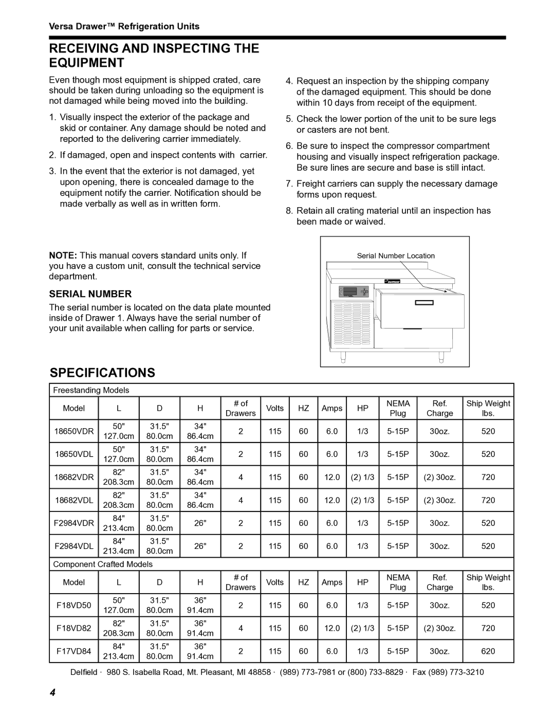 Delfield Versa Drawer operation manual Receiving and Inspecting the Equipment, Specifications, Serial Number 