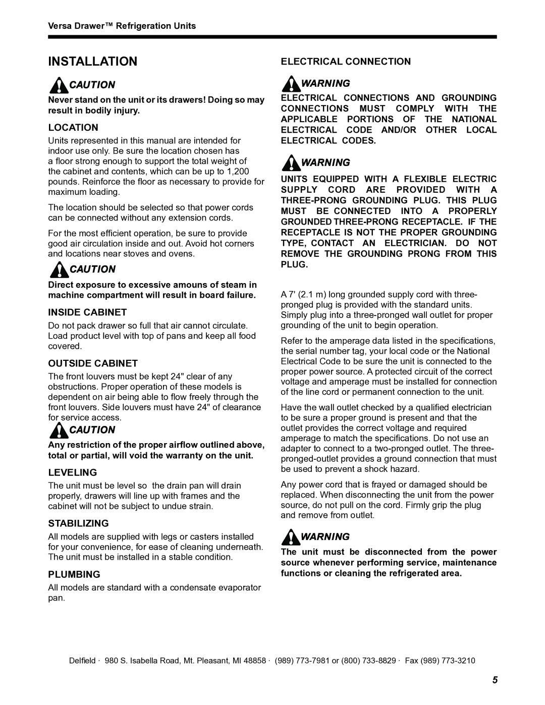 Delfield Versa Drawer operation manual Installation 